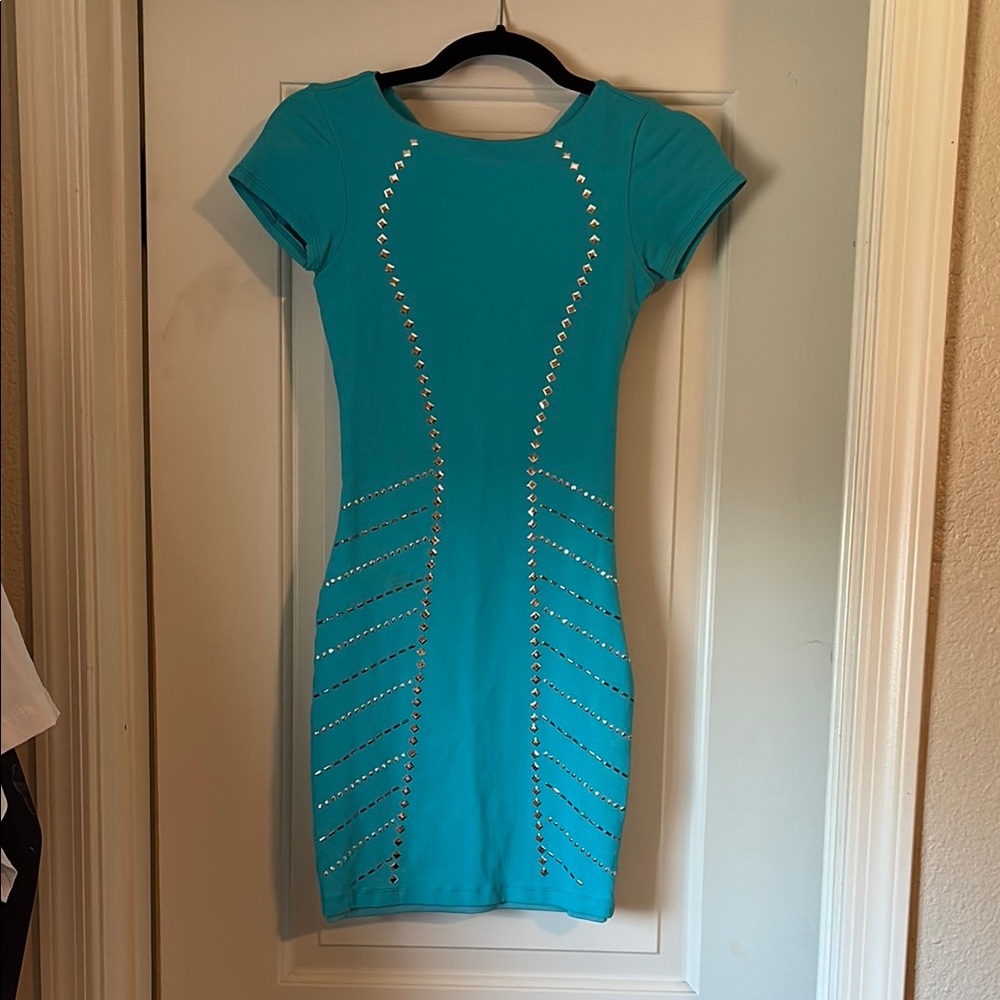 Bebe Blue Bodycon Mini Dress Short Sleeve Crew Neck